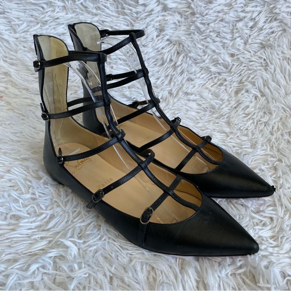 Christian Louboutin Toerless Muse Caged Black Leather Pointed Flats Size 37.5